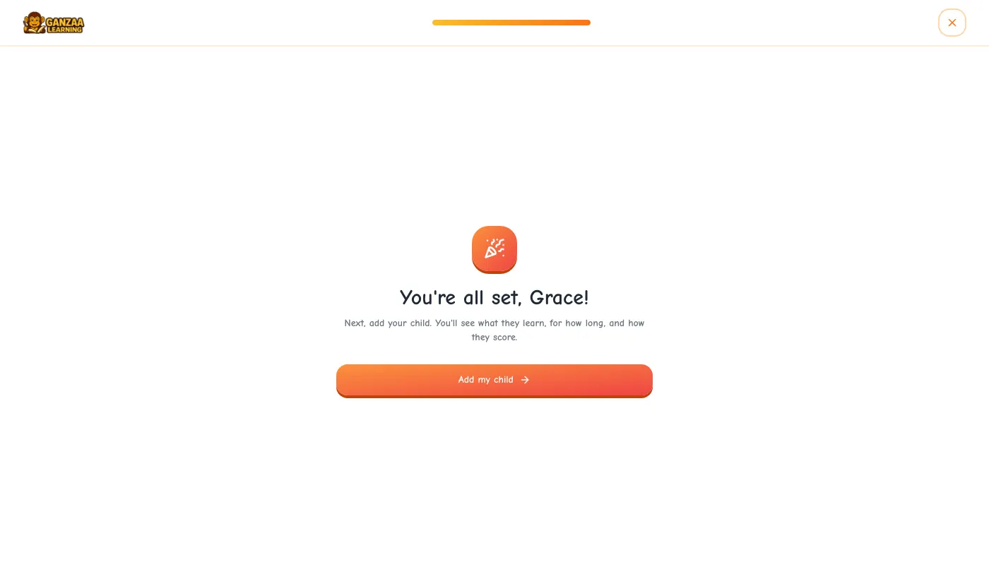 You're all set, Grace! Next, add your child. An Add my child button.