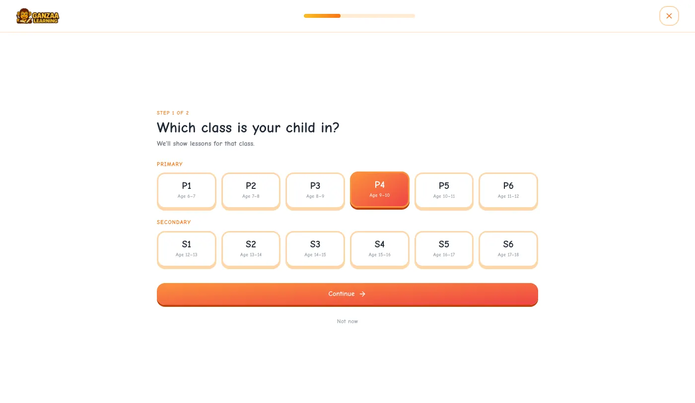 Step 1 of 2: Which class is your child in? Classes P1 to P6 and S1 to S6, with P4 selected.