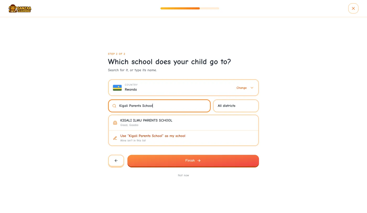 Step 2 of 2: Which school does your child go to? Country Rwanda, a school name typed in the search box, and the Finish button.