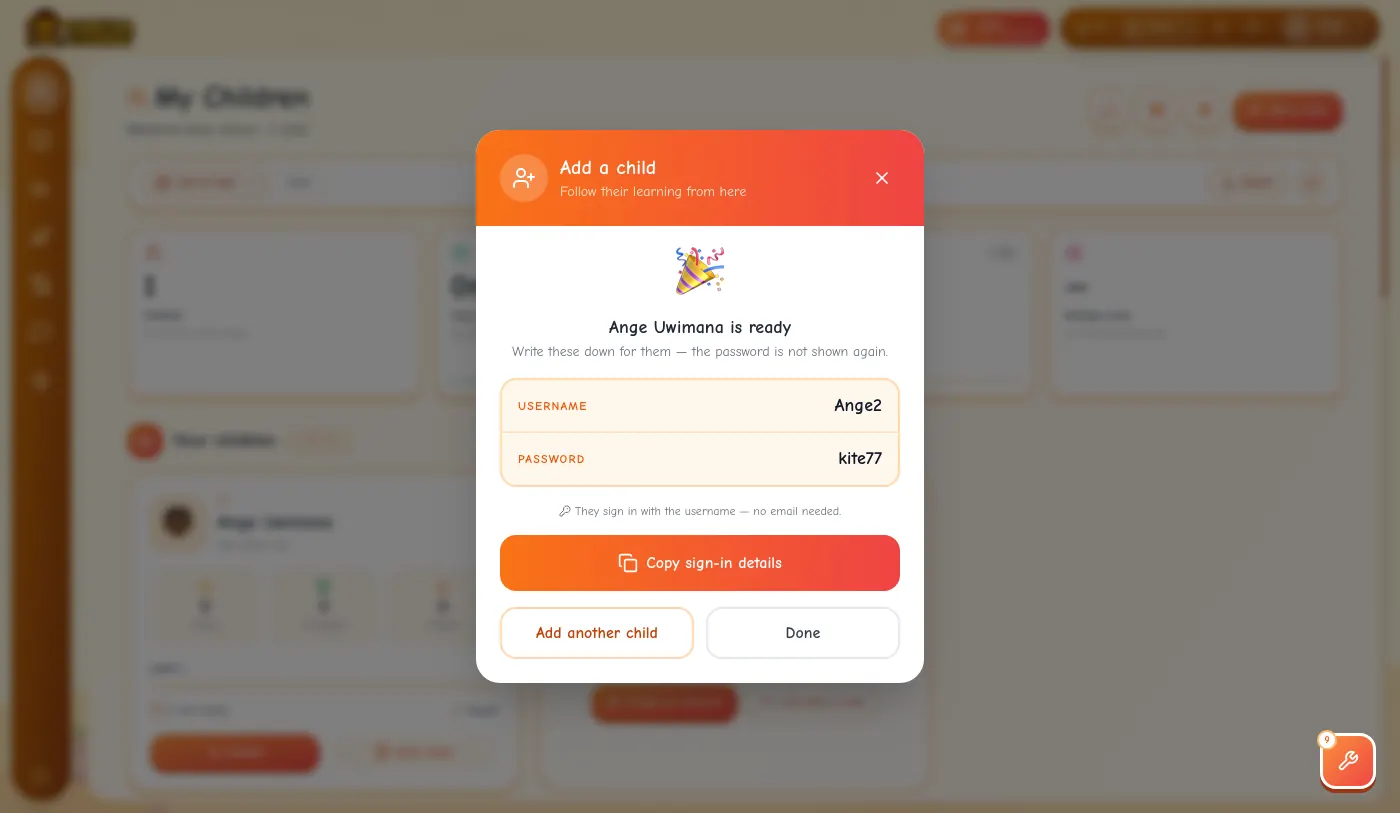 Ange Uwimana is ready: her username (Ange and a number) and her password, with a Copy sign-in details button.