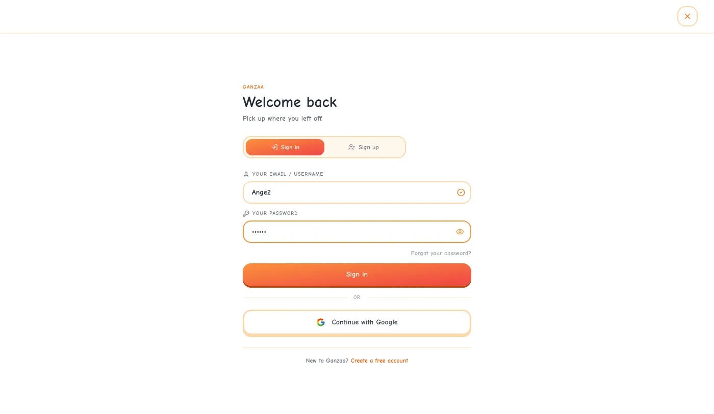 The Ganzaa sign-in form with a child's username in the email or username field and a password.