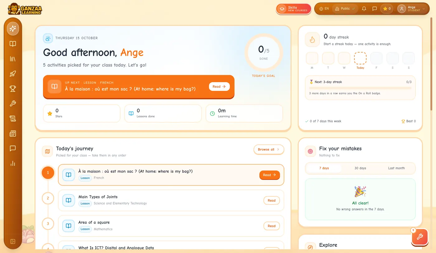 A child's Today page: Good morning, Ange, five activities picked for her class, her streak, and Fix your mistakes.
