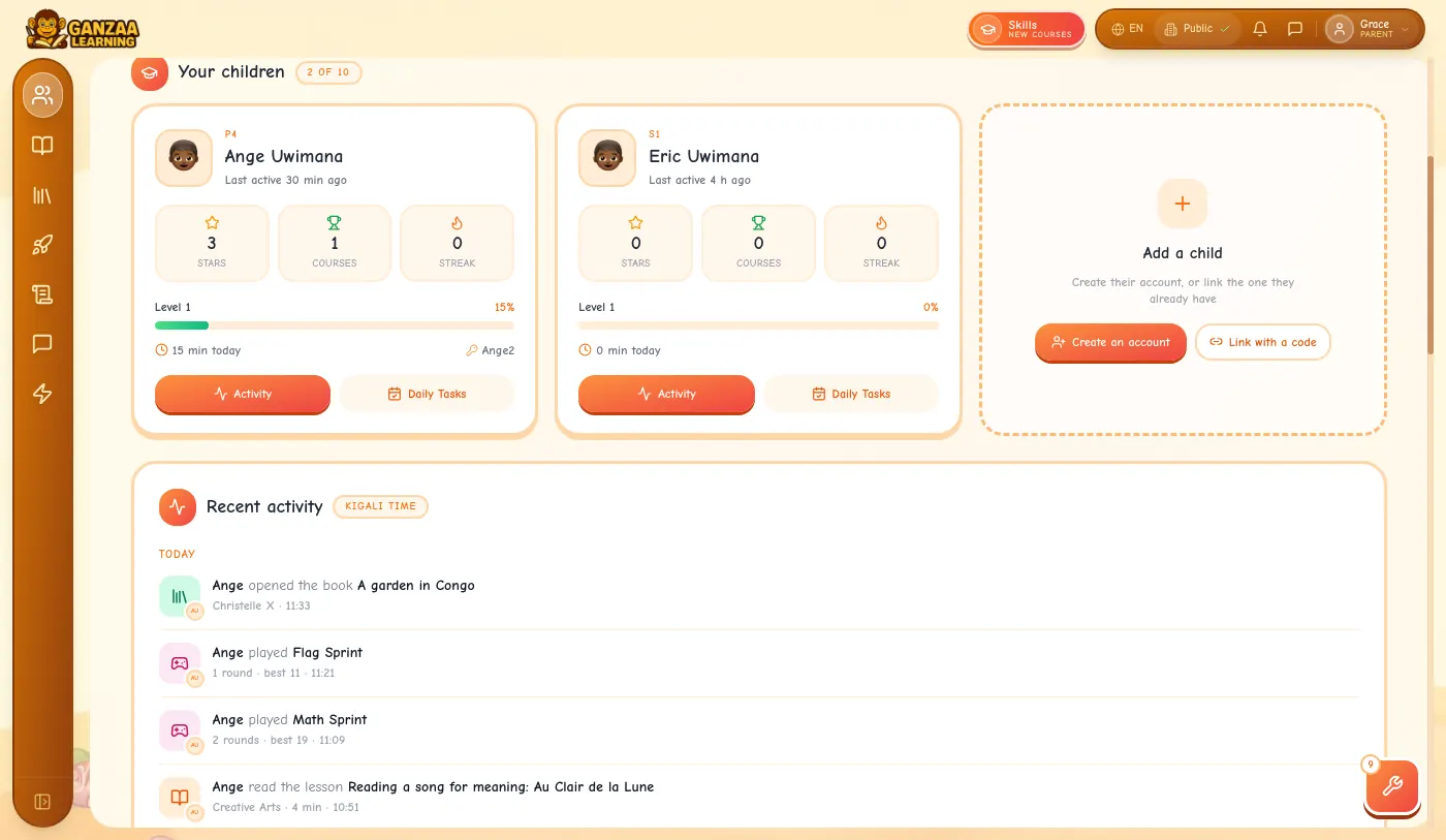 Two children's cards. Ange: P4, last active 30 minutes ago, 3 stars, 1 course, level 1, 15 minutes today, and her username. Eric: S1, last active 4 hours ago.