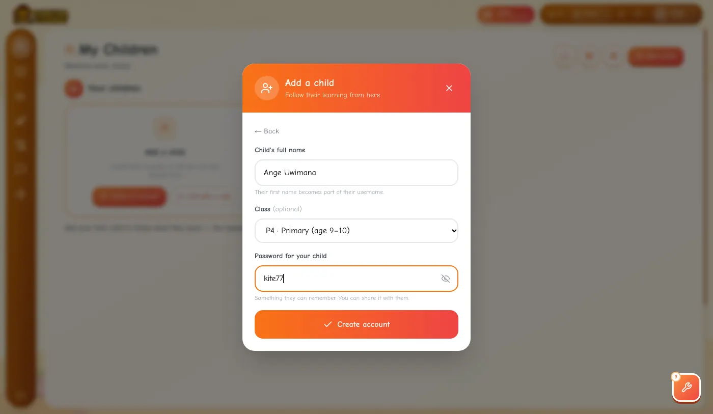 The Add a child dialog: the child's full name Ange Uwimana, class P4, and a visible password, with a Create account button.