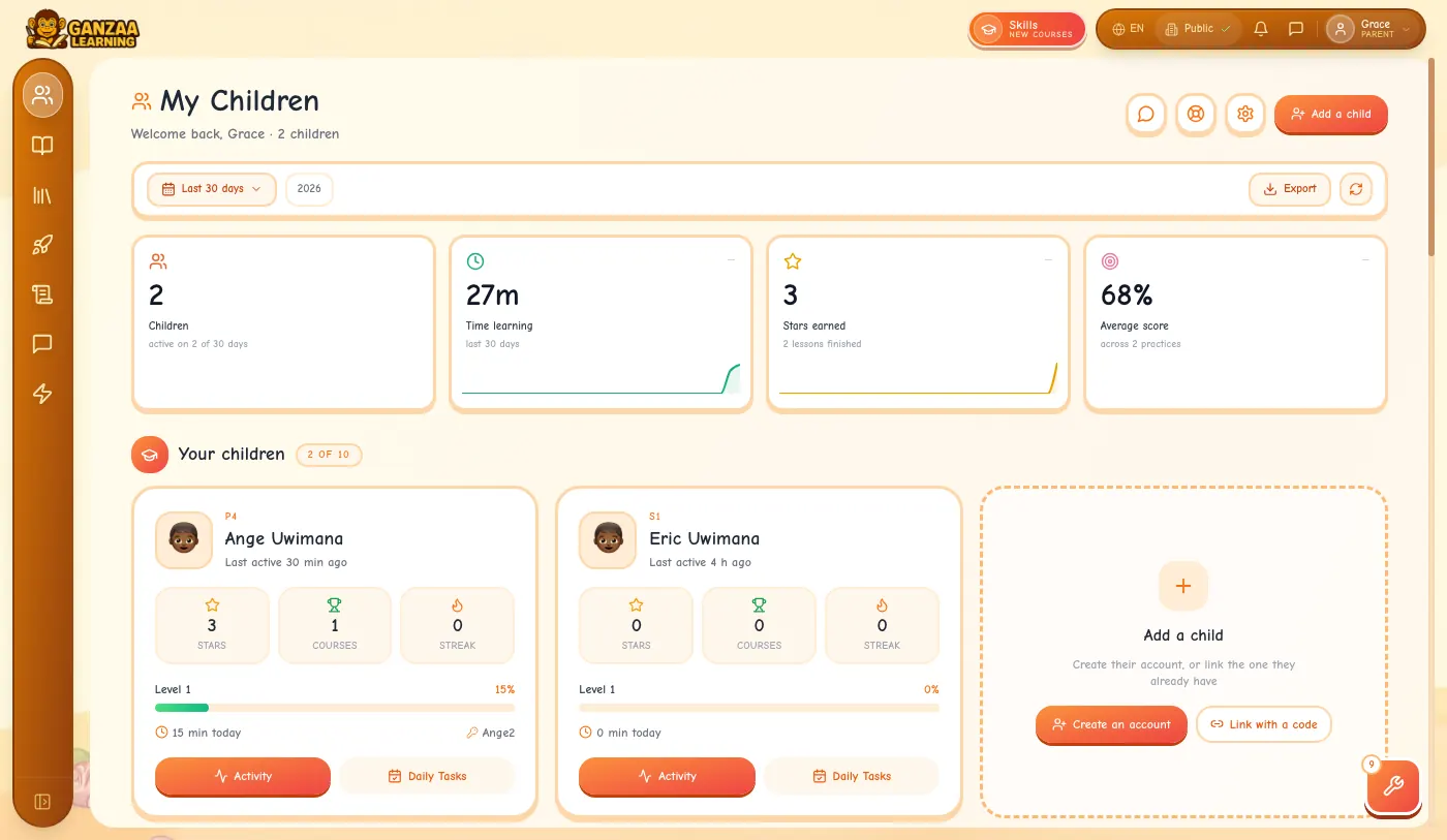 My Children for two children: 27 minutes learning in the last 30 days, 3 stars, 2 lessons finished, an average score of 68%, and a card for each child.