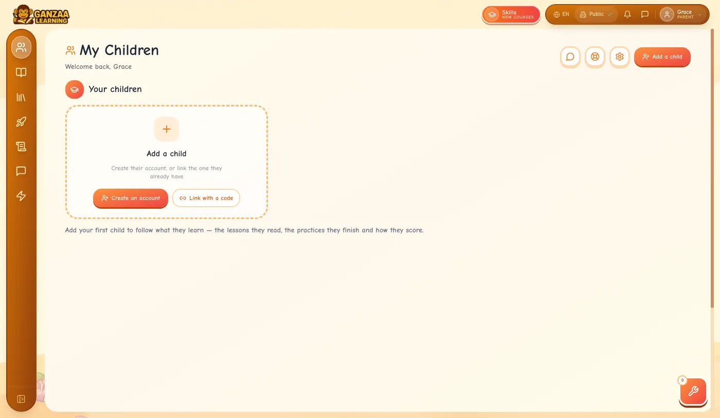 The My Children page before any child is added, with an Add a child card offering Create an account and Link with a code.