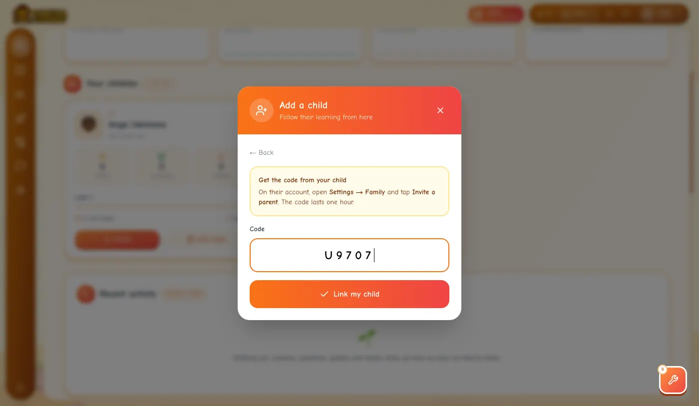 The Add a child dialog asking for the code from your child, with the code typed in and a Link my child button.