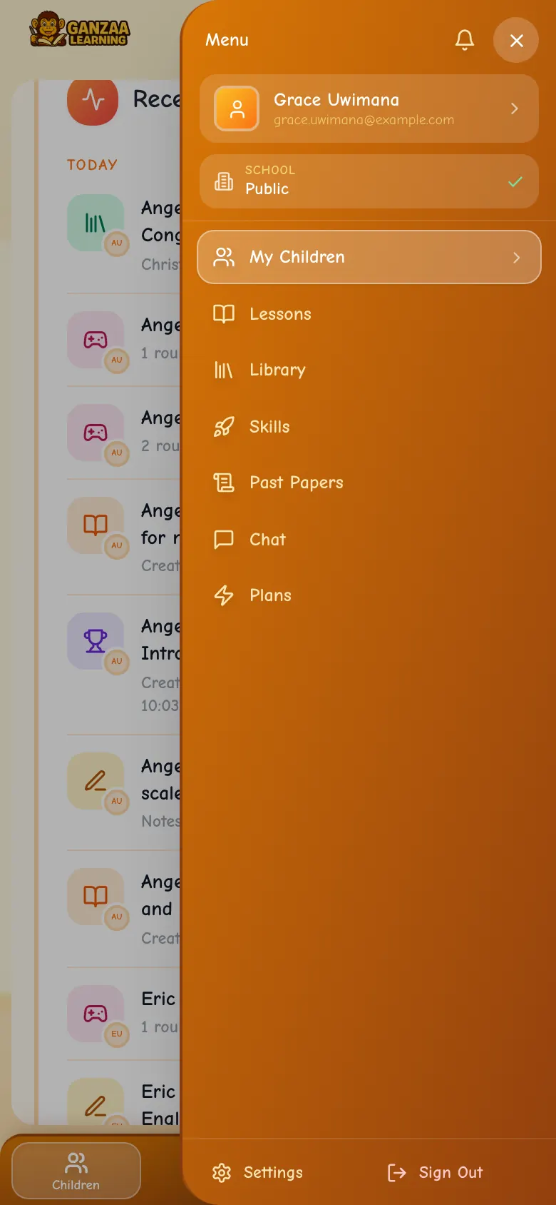 The phone menu: the parent's name at the top, then My Children, Lessons, Library, Skills, Past Papers, Chat and Plans, with Settings and Sign Out at the bottom.