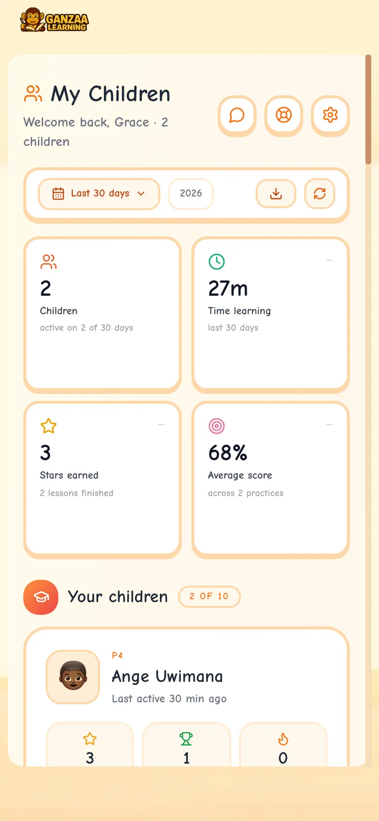 My Children on a phone, with the bottom bar: Children, Lessons, Library and More.