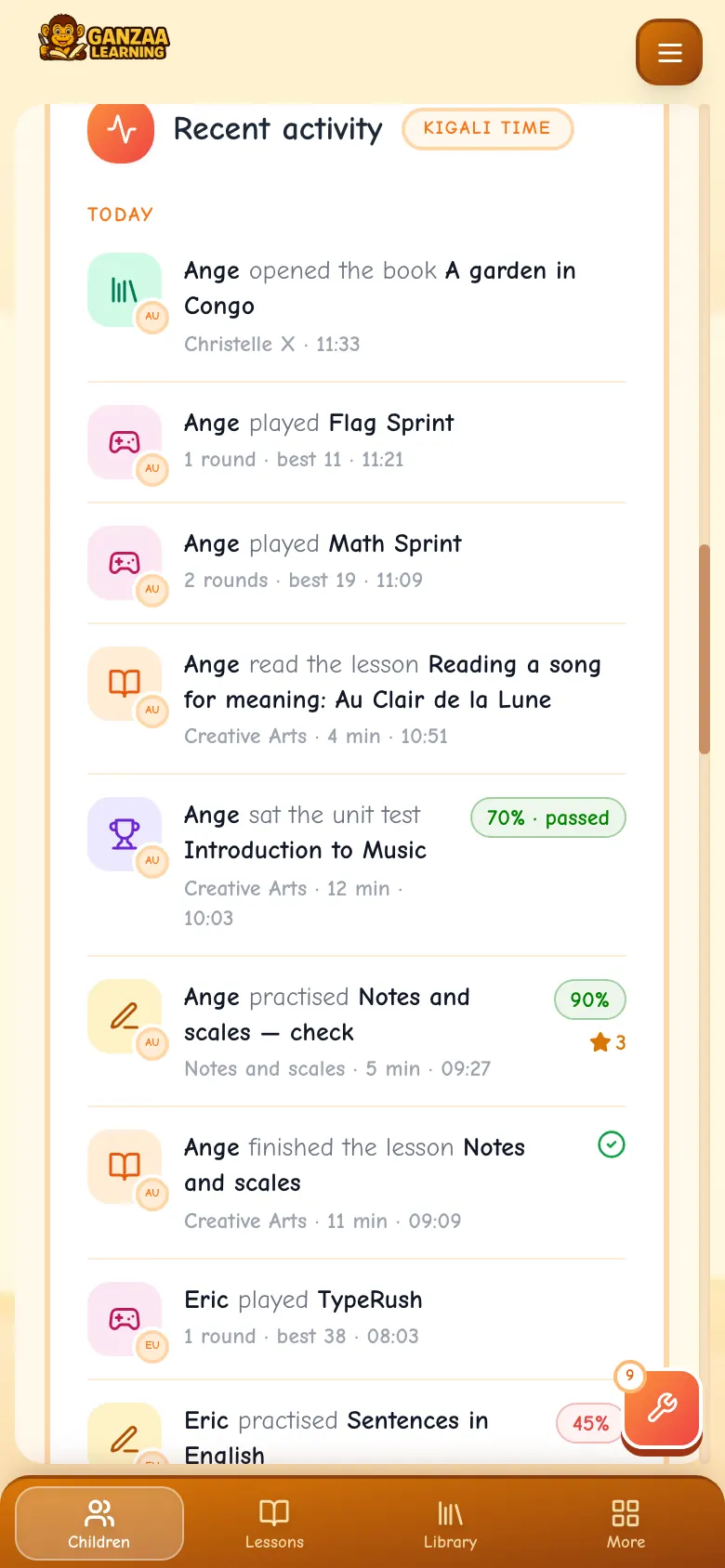 Recent activity on a phone, one activity per row with its score.