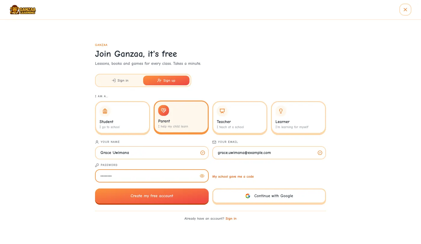 The Ganzaa sign-up form with Parent selected, a name, an email address and a password filled in, and the Create my free account button.